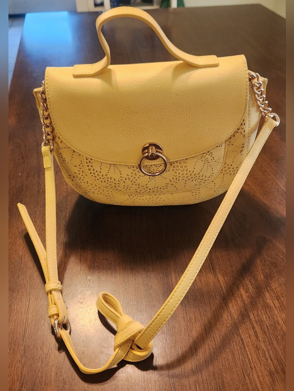 LC Lauren Conrad Yellow Perforated Top-Handle Crossbody with Chain Strap